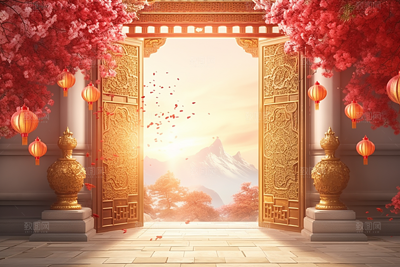 中式传统门楼中国风喜庆背景图