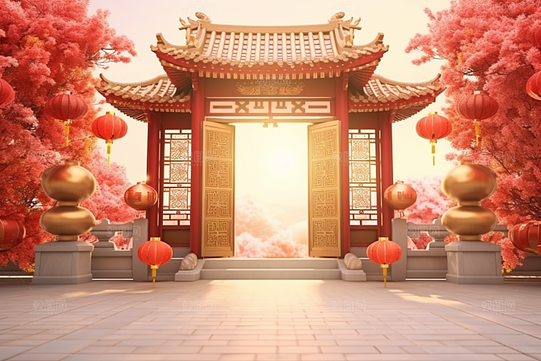 中式传统门楼开业开业大吉背景图