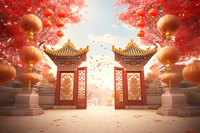 中式传统门楼促销开业大吉背景图