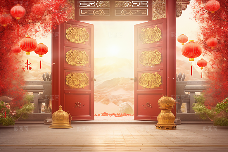 中式传统门楼开业促销背景图