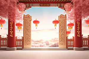 中式传统门楼国潮喜庆背景图