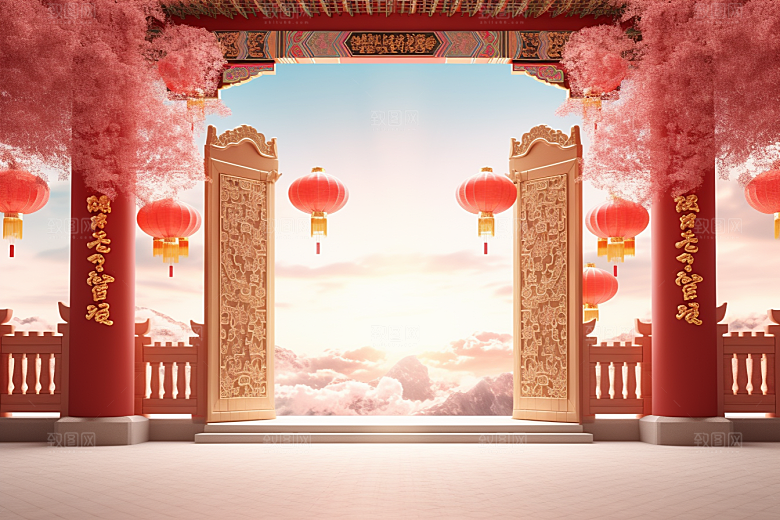 中式传统门楼国潮喜庆背景图