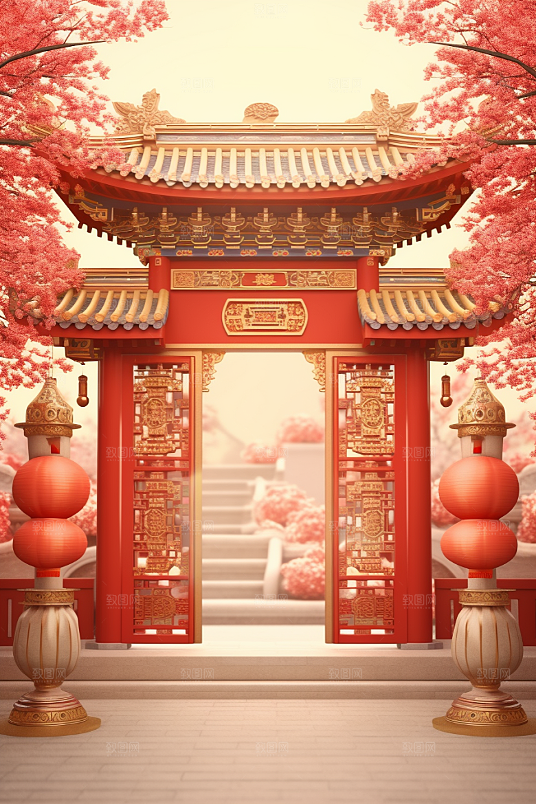 中式传统门楼开门红促销背景图