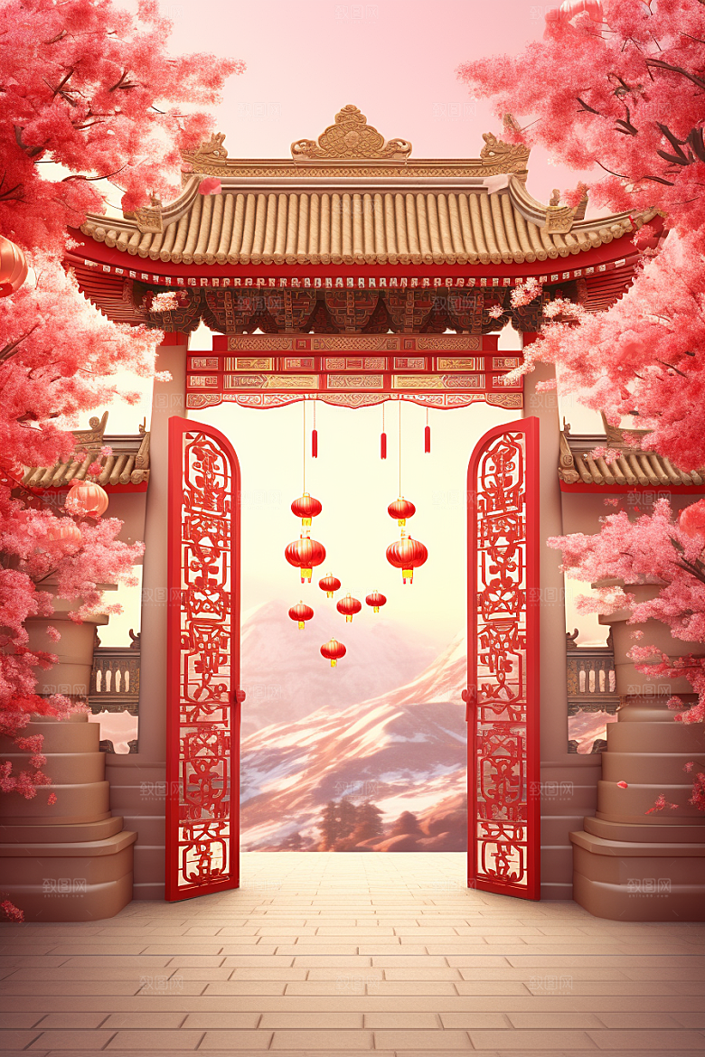 中式传统门楼直播开业背景图