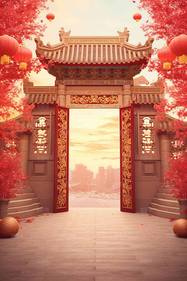 中式传统门楼开业开门红背景图