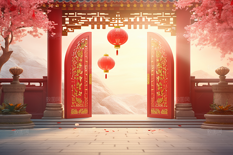 中式传统门楼国潮火热背景图