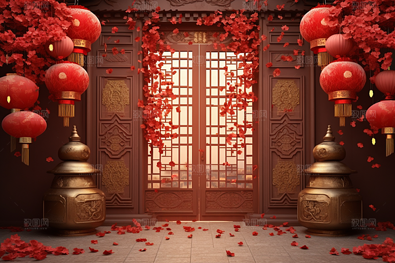 中式传统门楼开门红开业背景图