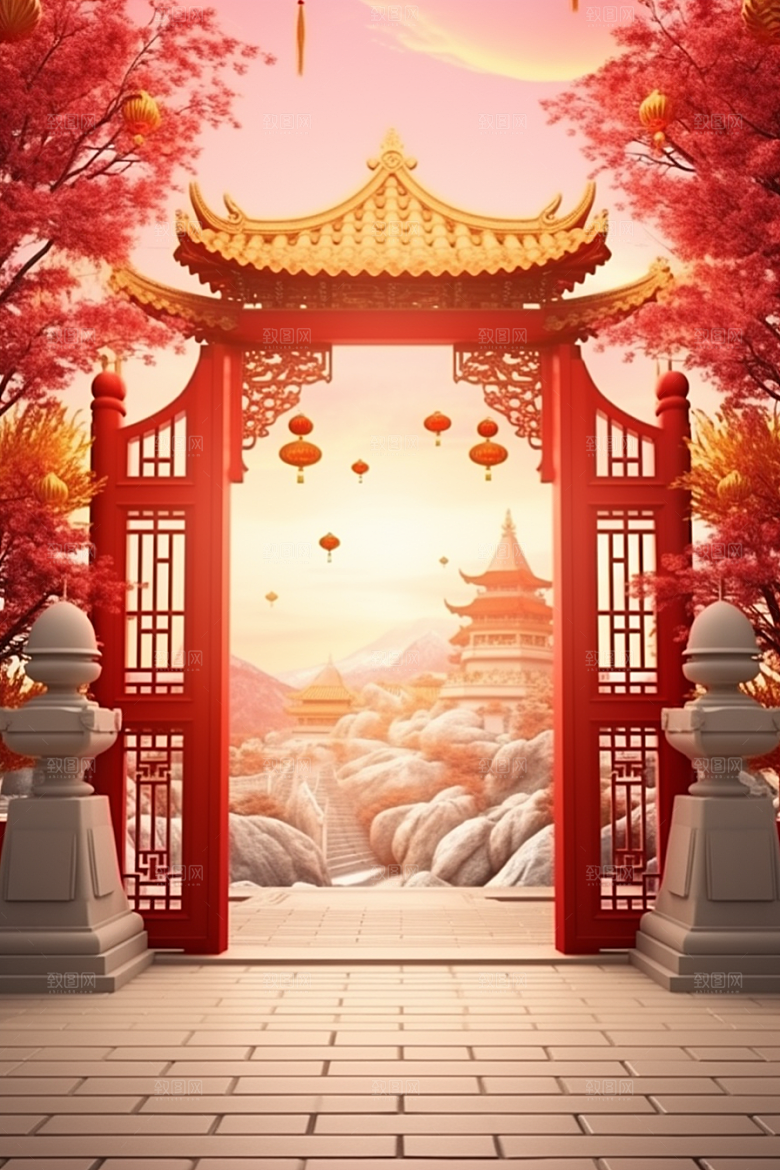 中式传统门楼直播促销背景图