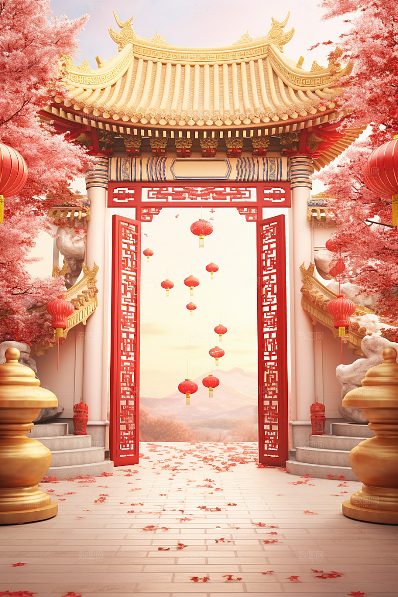 中式传统门楼开门红开业背景图