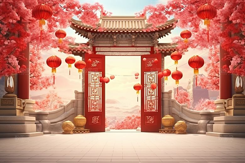 中式传统门楼开业促销背景图
