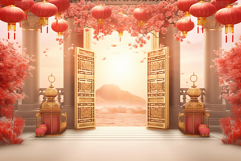 中式传统门楼开门红国潮背景图