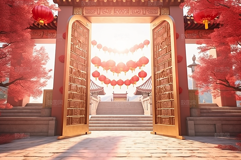 中式传统门楼火热国潮背景图