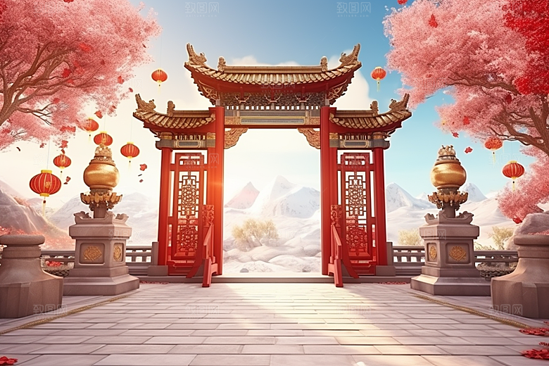 中式传统门楼促销热卖背景图