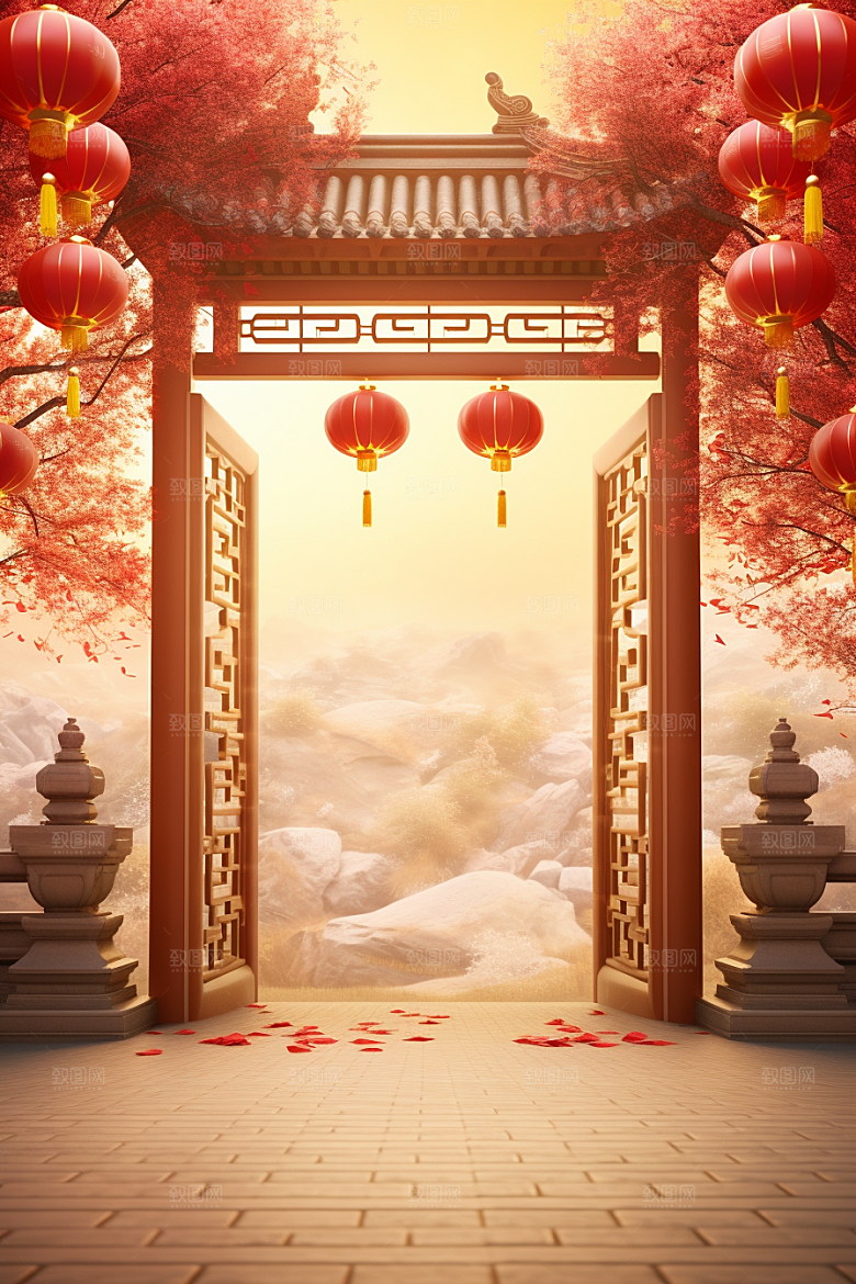 中式传统门楼开业热卖背景图