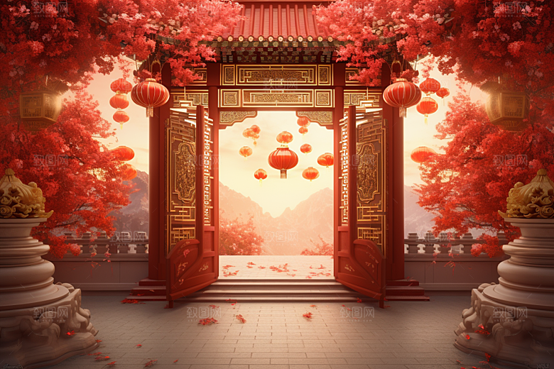 中式传统门楼火热直播背景图