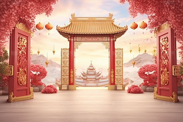 中式传统门楼火热国潮背景图