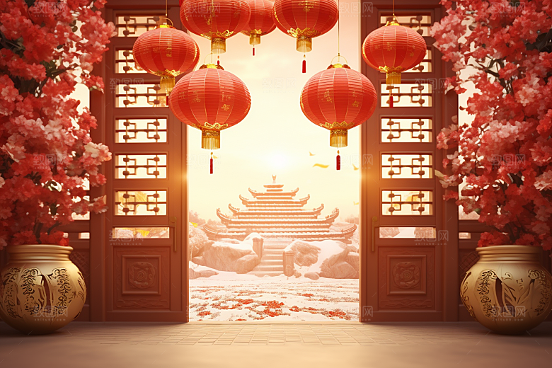 中式传统门楼开业大吉直播背景图
