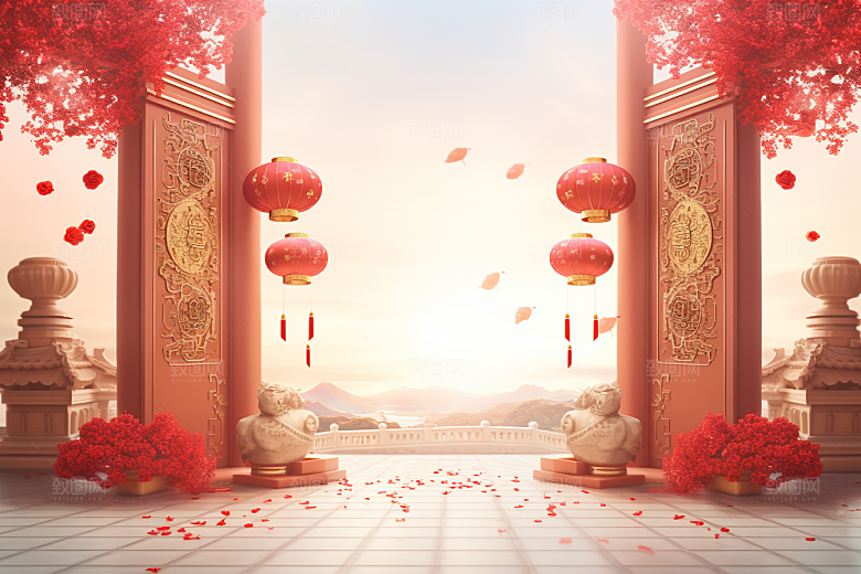 中式传统门楼国潮开门红背景图