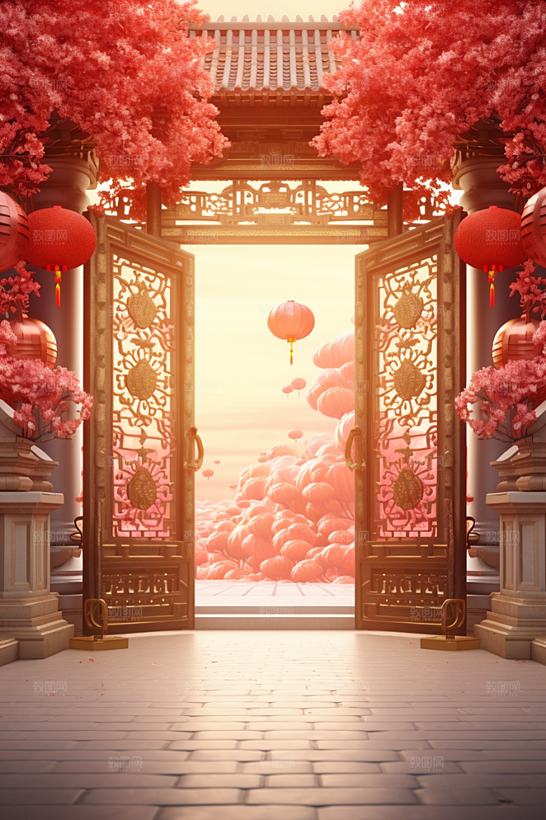 中式传统门楼国潮火热背景图