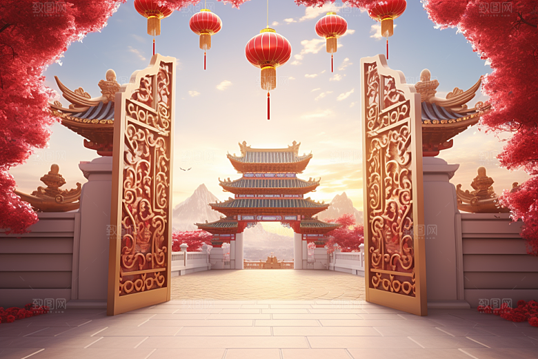 中式传统门楼直播火热背景图
