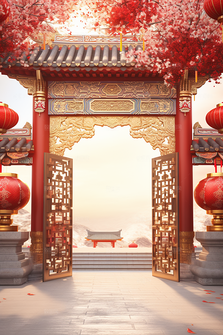 中式传统门楼开门红国潮背景图