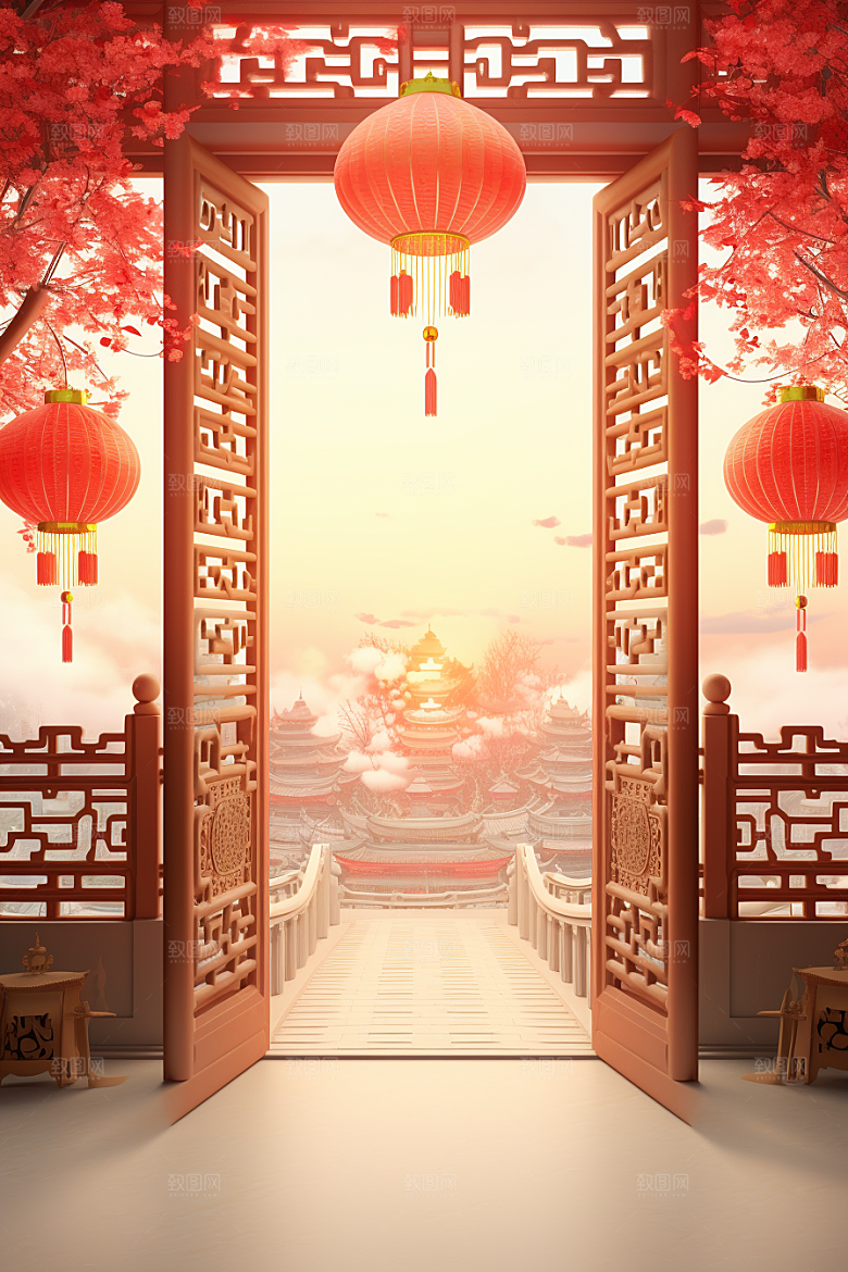 中式传统门楼国潮开门红背景图