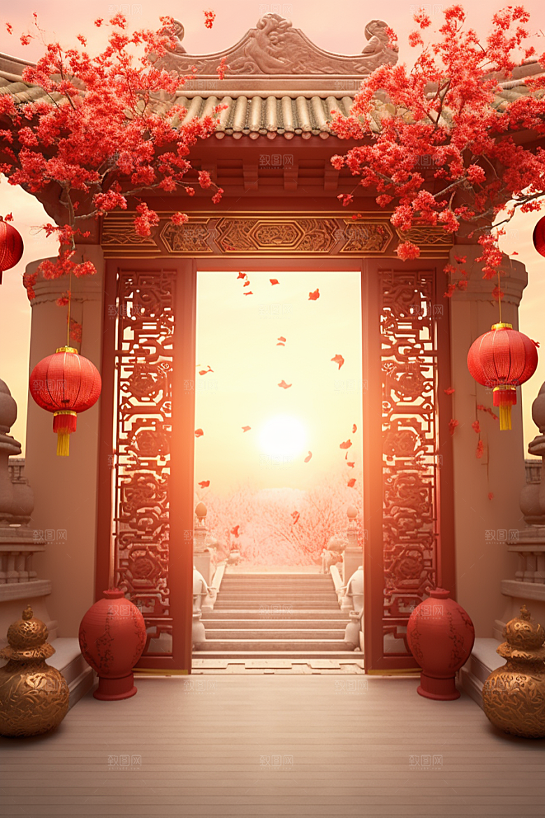 中式传统门楼直播火热背景图