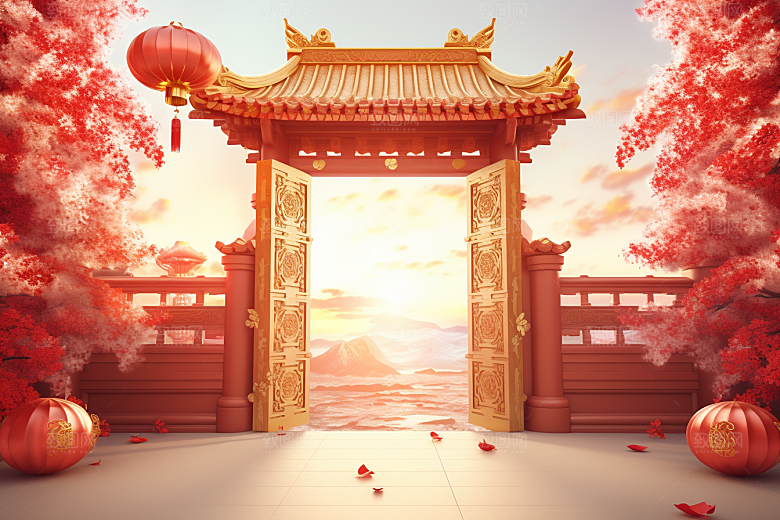 中式传统门楼热卖开门红背景图