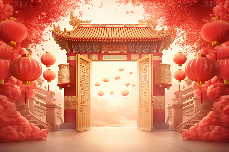 中式传统门楼开业热卖背景图