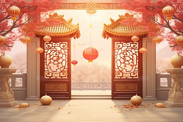 中式传统门楼开业大吉开业背景图
