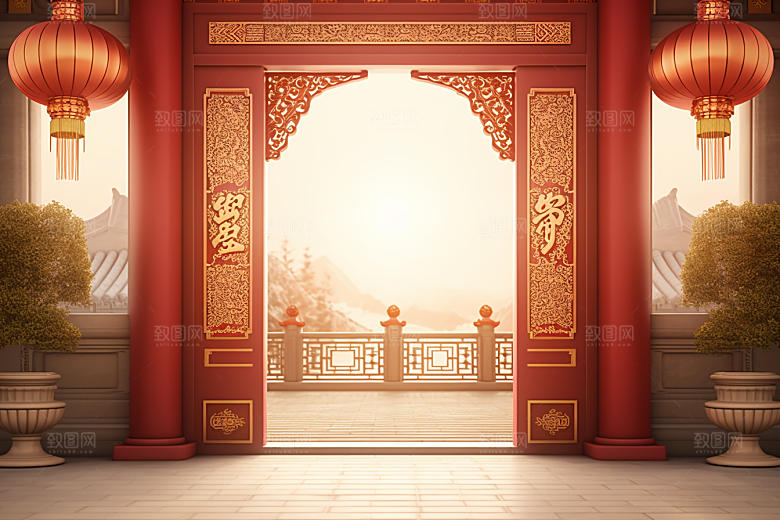 中式传统门楼国潮直播背景图