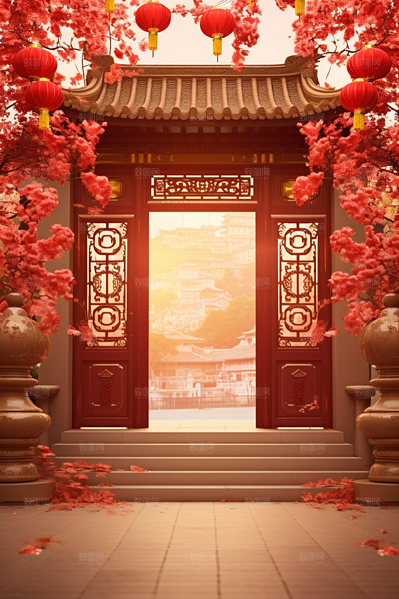 中式传统门楼国潮开业背景图