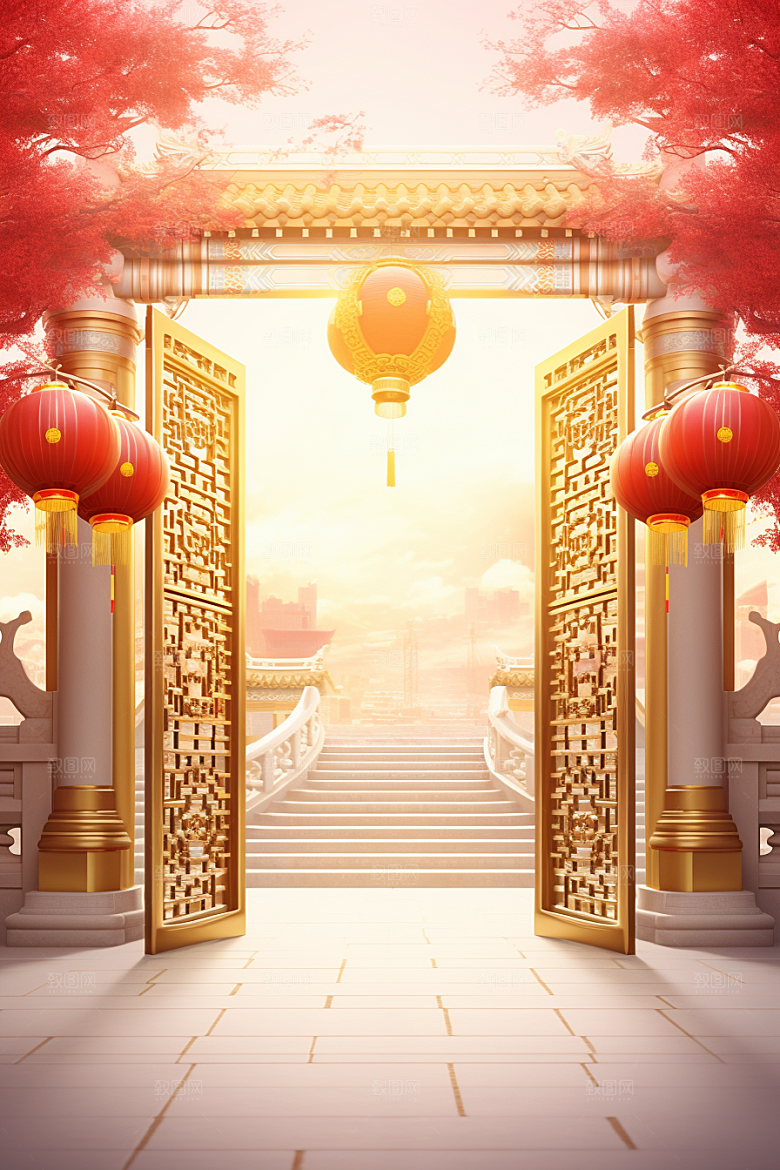 中式传统门楼国潮开门红背景图