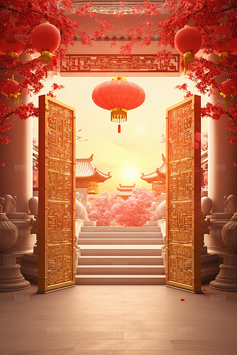 中式传统门楼开业大吉促销背景图