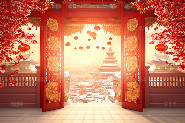 中式传统门楼开业国潮背景图