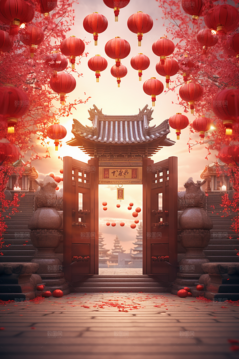 中式传统门楼促销国潮背景图