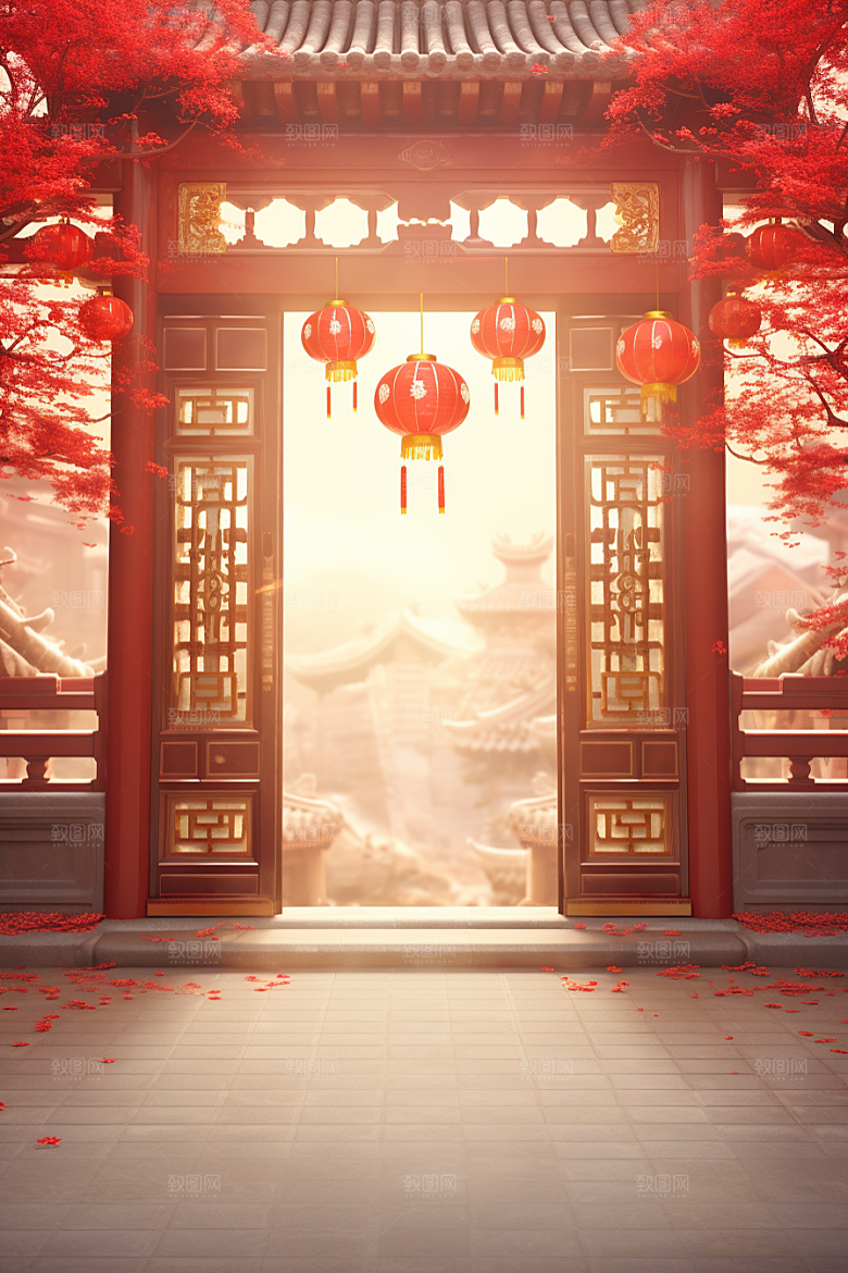 中式传统门楼喜庆开门红背景图