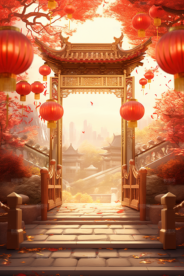 中式传统门楼直播国潮背景图