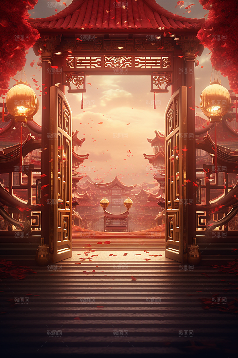 中式传统门楼促销开业大吉背景图