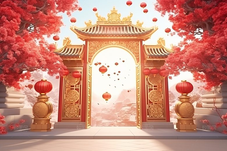 中式传统门楼开门红开业背景图