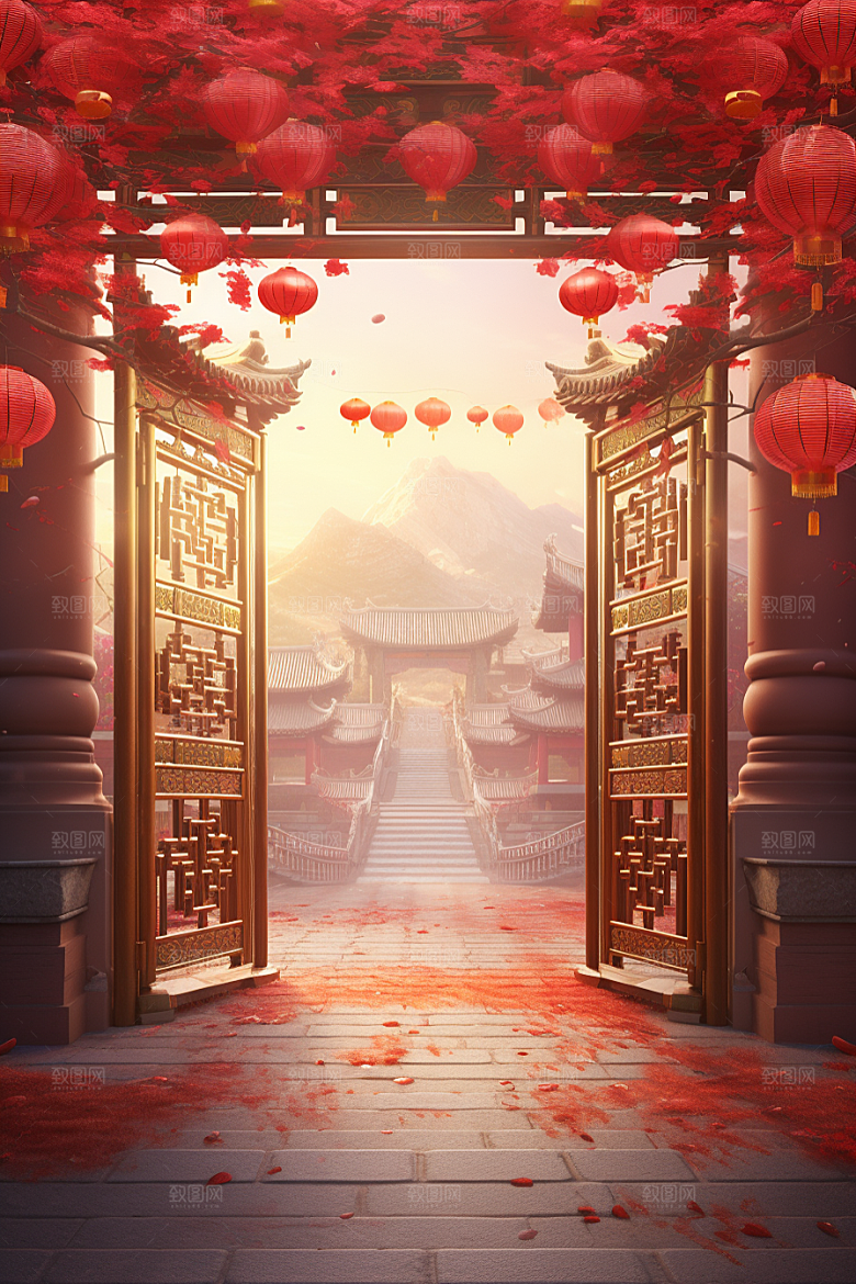中式传统门楼开业国潮背景图