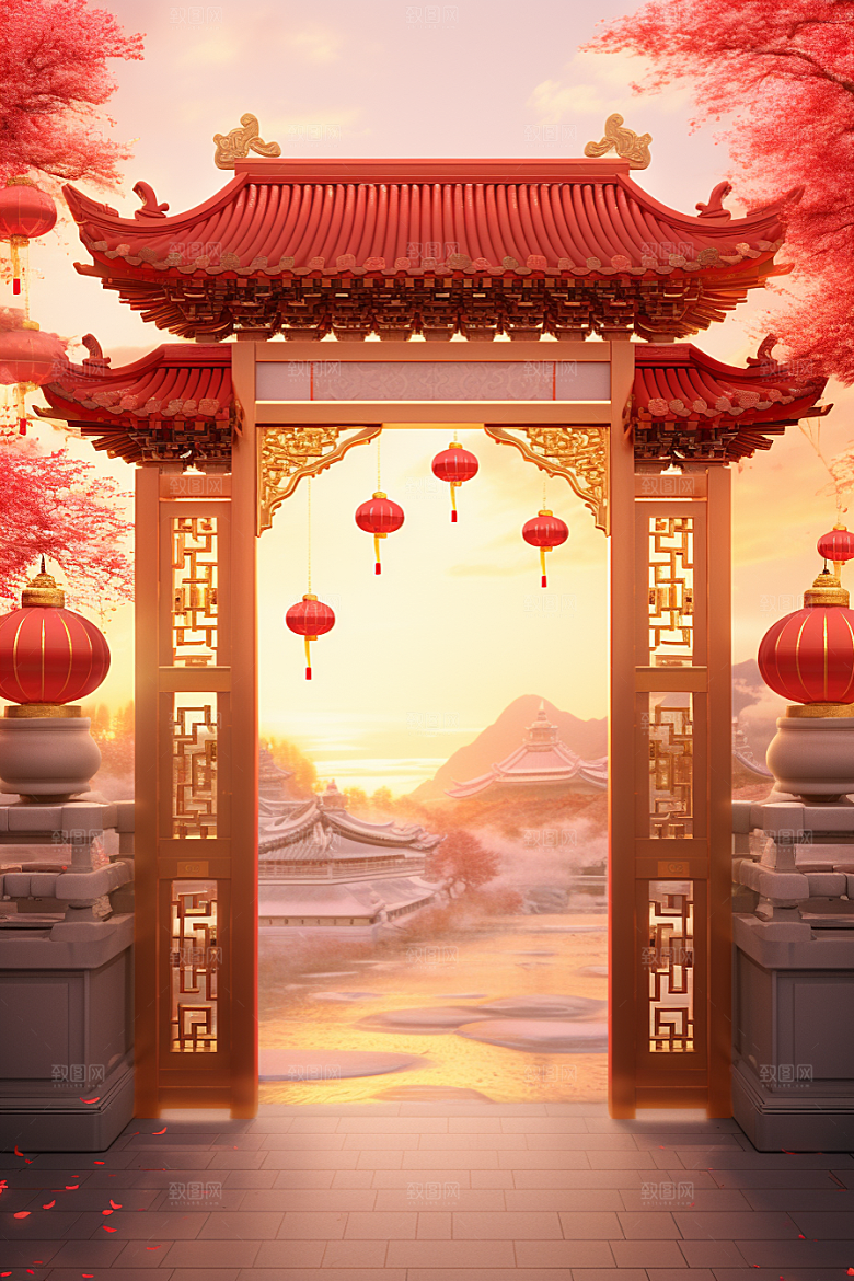中式传统门楼开业开门红背景图