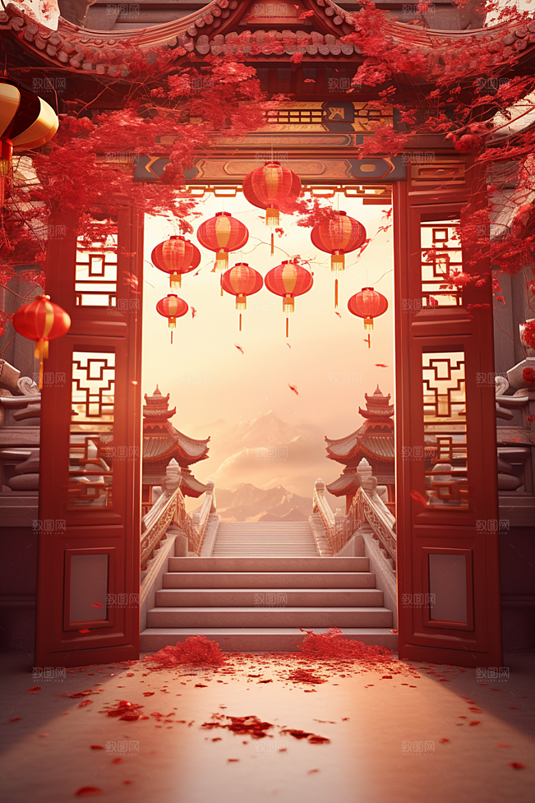 中式传统门楼促销开业大吉背景图