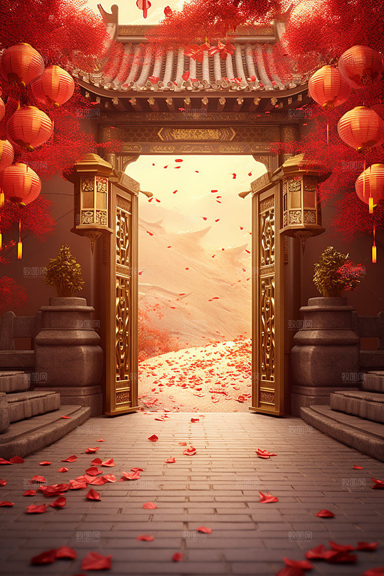 中式传统门楼开门红促销背景图