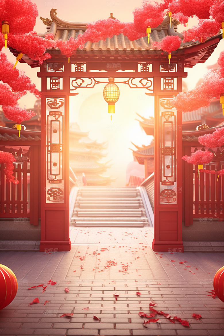中式传统门楼国潮热卖背景图