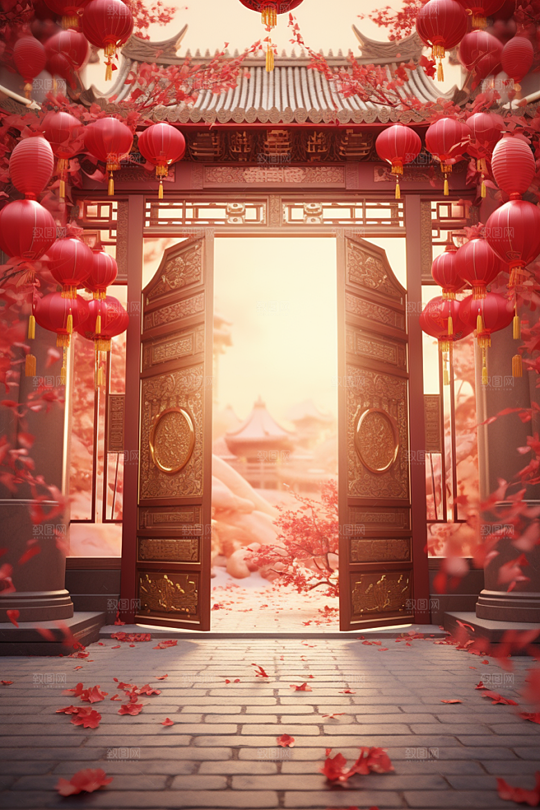 中式传统门楼火热直播背景图