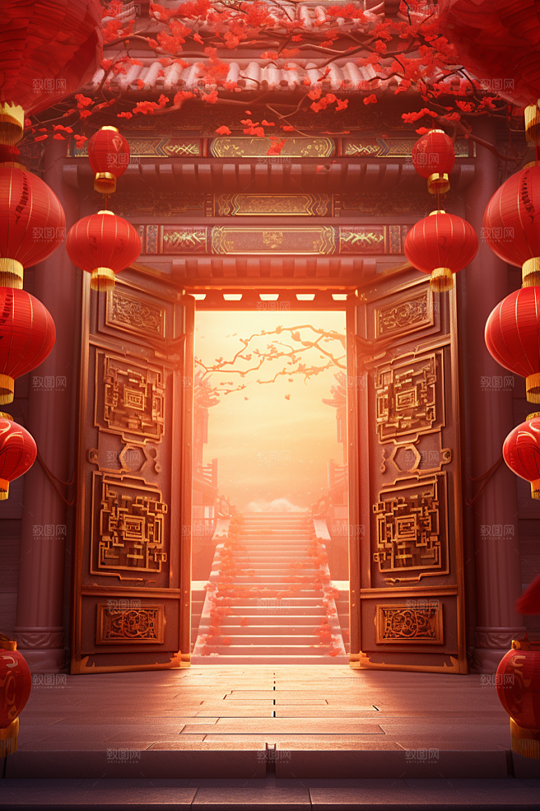 中式传统门楼中国风促销背景图