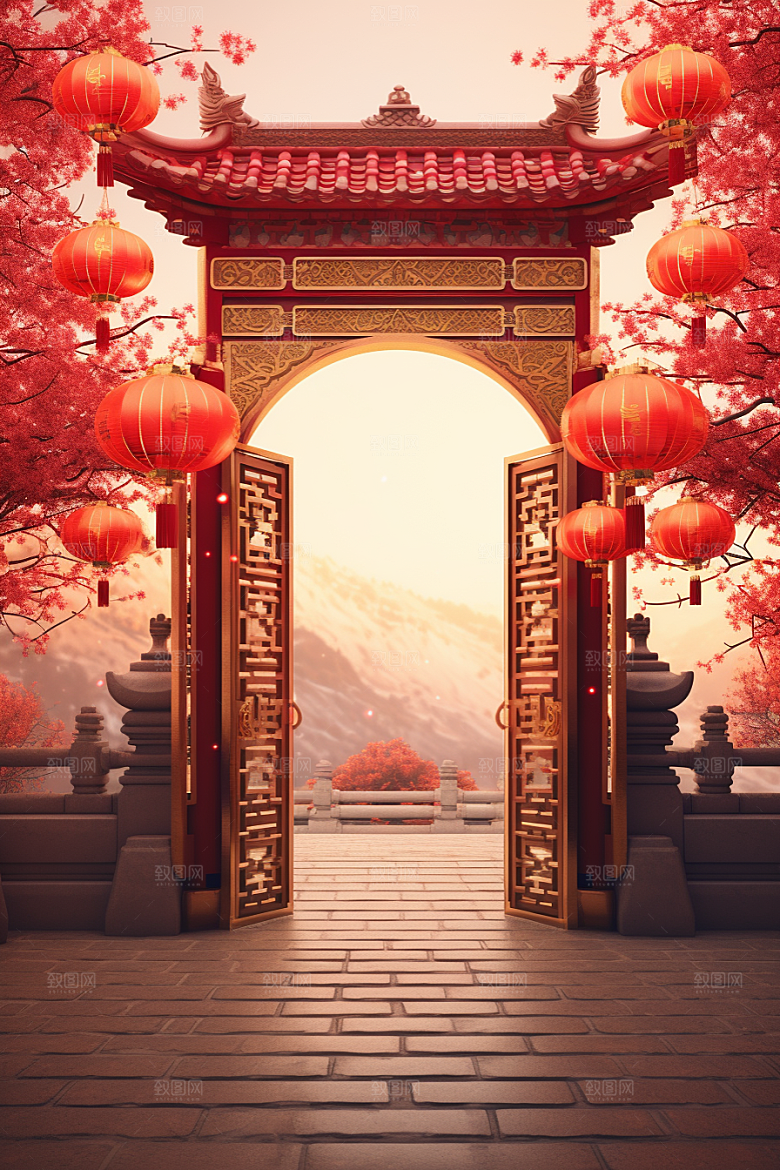 中式传统门楼促销火热背景图