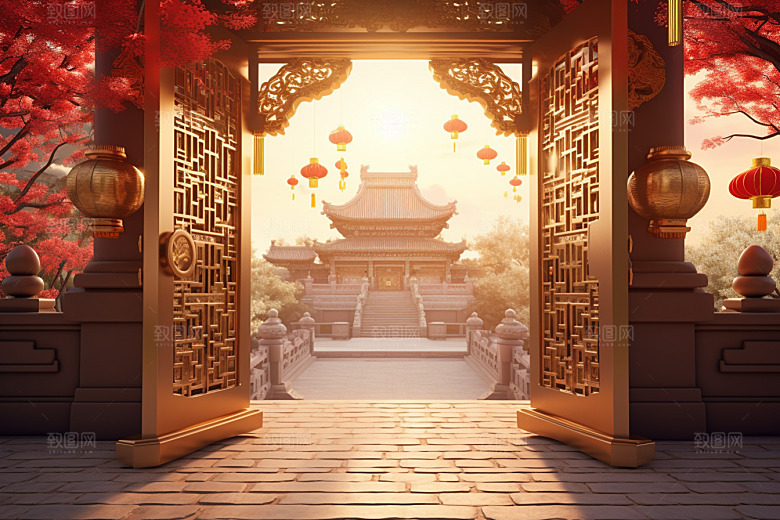 中式传统门楼促销喜庆背景图
