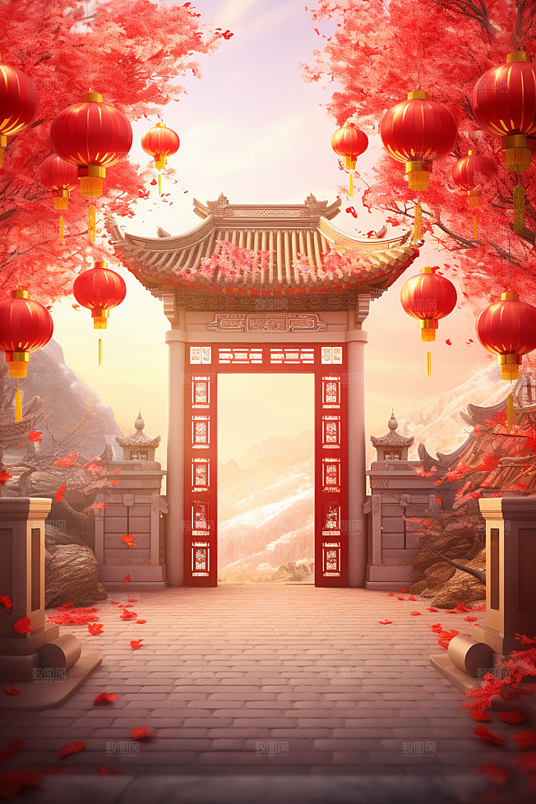 中式传统门楼开业大吉喜庆背景图
